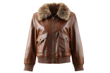 A brown leather jacket with fur collar on transparent background