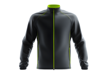 A sleek black jacket with neon green accents on transparent background