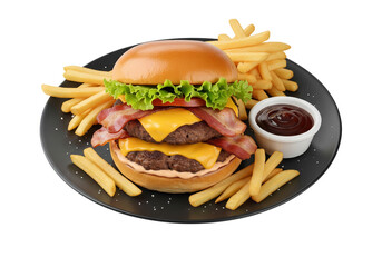 Delicious Double Bacon Cheeseburger with Fries and Sauce