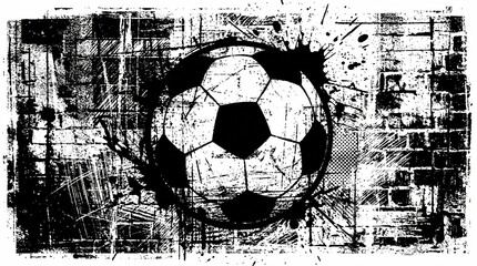 Grunge soccer ball illustration on a distressed brick wall texture background, black and white graphic design