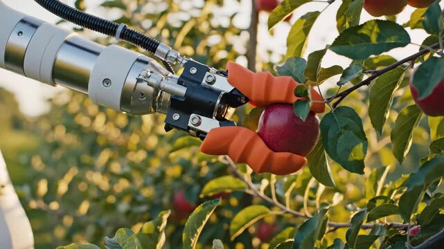 A robotic arm harvesting a ripe red apple from a tree. Close-up of an automated machine picking fruit in an orchard. Smart farming and agricultural technology concept.