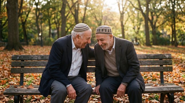 Two elderly jewish men wearing kippahs sitting together on a park bench surrounded by autumn leaves