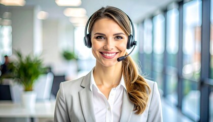 Friendly and professional customer service agent with a headset smiling confidently in a bright modern office, ready to provide excellent support and communication
