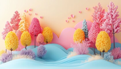 Abstract colorful 3D art Pastel shapes and miniature trees