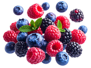 Fresh assorted berries including raspberries blueberries and blackberries with mint leaves isolated on transparent background for food and healthy nutrition concepts