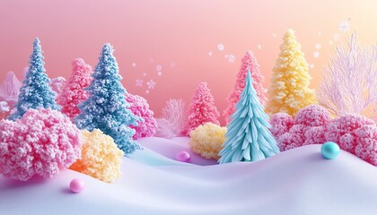 Abstract colorful 3D art Pastel shapes and miniature trees