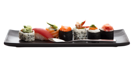 A plate of assorted sushi rolls on a transparent background with a silver spoon