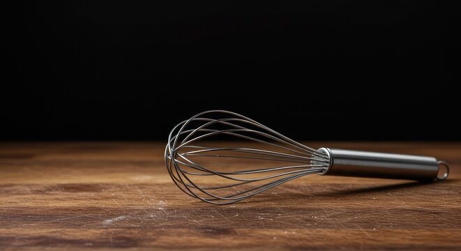 Classic wire whisk beater resting on a rustic wooden countertop, ready for baking preparation and culinary mixing tasks ,counter ,culinary ,instrument