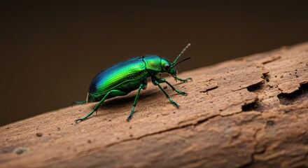 Fototapeta premium Close up photograph of a vibrant metallic green jewel beetle resting silently upon a dry, textured piece of bark in a natural habitat outdoors ,wood ,wild ,detail