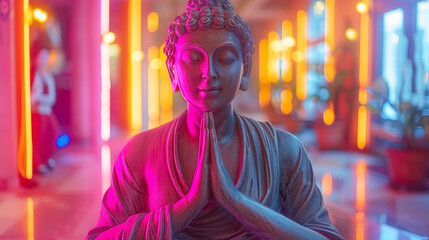 Obraz premium Antique Meditation Statue Illuminated by Vibrant Neon Lights in Urban Setting at Night