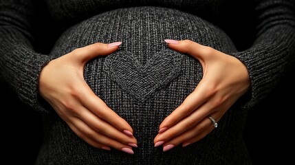 Hands cradle an expectant mother's baby bump in a heart shape, symbolizing parental love