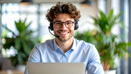 Smiling professional young man wearing a headset and glasses, offering excellent customer service from a modern office environment