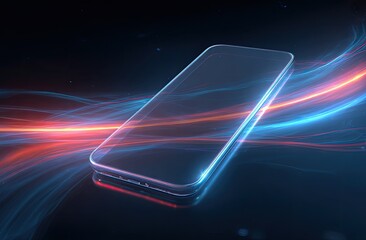 Glowing digital smartphone on dark background, showcasing sleek design and data streams
