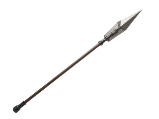 A spear with a wooden shaft and metal tip on a white background