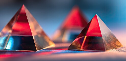Close-up of three transparent, pyramid-shaped objects reflecting colorful light. They cast shadows, focus on the front