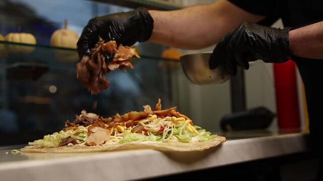 A chef makes shawarma in a caf&eacute;.  He fries meat.  Close-ups. 