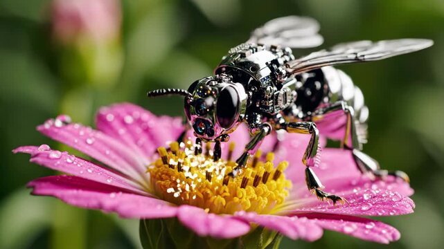 A mechanical robot bee collects pollen from a vibrant pink flower. Macro view of a futuristic insect. Technology and nature concept.