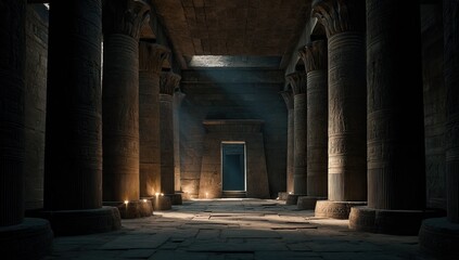 Fototapeta premium Ancient structure interior, tall columns supporting the ceiling, sunlight beams through opening