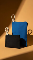 Two rectangular pouches, one blue and one black, with loop handles, on an orange-brown background with shadows.