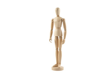 A wooden mannequin stands on a white surface