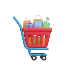 Fototapeta premium Red Shopping Cart Filled with Colorful Bags.