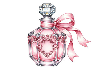 Obraz premium Elegant pink perfume bottle with ribbon isolated on transparent background