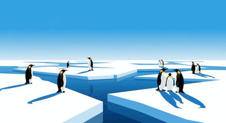 Penguins Standing on Floating Ice Sheets