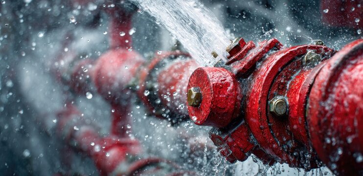 A close-up showcases a fire hydrant with water gushing out, droplets spraying, and vivid red paint