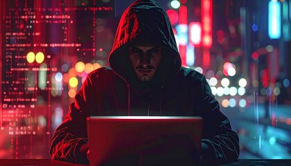 Mysterious hooded figure intensely focused on a glowing laptop screen against a neon city backdrop