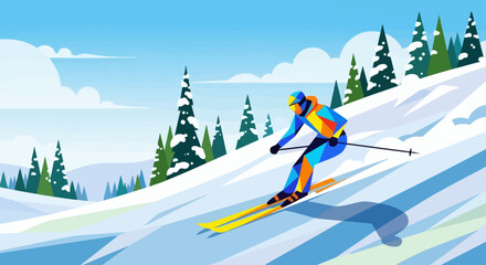 Winter Skiing Down Snowy Mountain