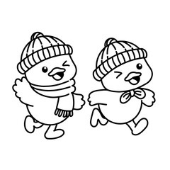 Obraz premium Two cute cartoon birds running together wearing winter hats, simple black and white line art illustration showing friendship and joyful movement.