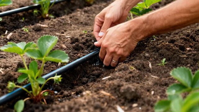 Hands installing a drip irrigation system along plant rows ensuring precise water delivery to roots in a backyard garden.