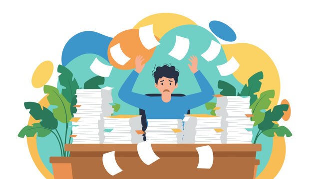 Man overwhelmed by heavy workload and paperwork frustrated business concept illustration