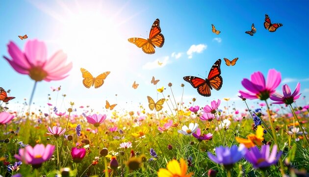 Vivid orange monarch butterflies fly over a vibrant meadow filled with colorful cosmos flowers under sunlight - Powered by Adobe