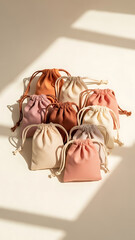 A collection of small, soft fabric drawstring pouches in various pastel and earthy tones, arranged on a light surface with natural light and shadows.