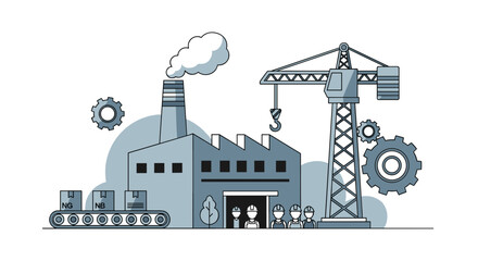Manufacturing factory with workers crane and production line Industry and engineering concept