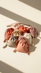 Collection of small, colorful drawstring pouches in various pastel and earthy tones, arranged on a light surface with natural sunlight and shadows.
