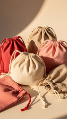 Collection of various colored fabric drawstring pouches for packaging or storage.