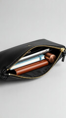 Close-up view of an open black leather clutch bag revealing its contents, including a smartphone, notebook, and a brown cylindrical item.