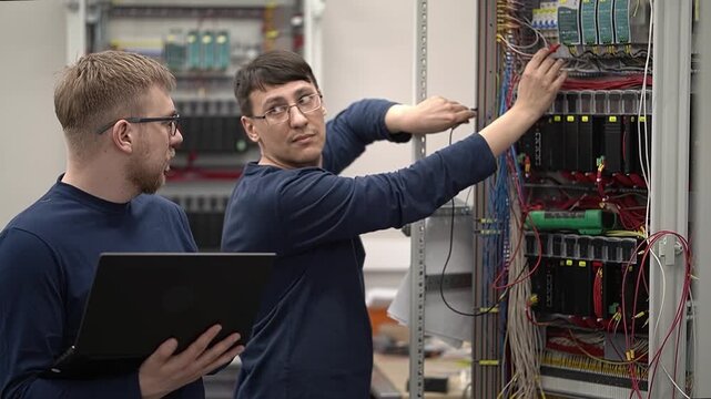 Two engineers in production. Testing electrical equipment.Slow motion. High quality 4k footage