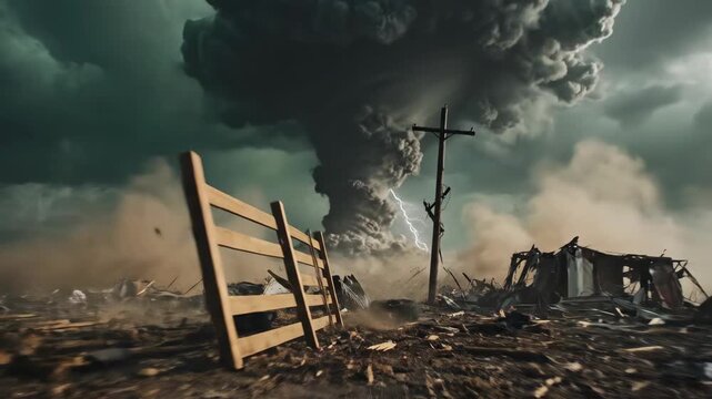 Cinematic animation of a destructive tornado storm with flying debris. Apocalyptic scene of a catastrophe with lightning and a massive cloud. End of the world disaster concept.