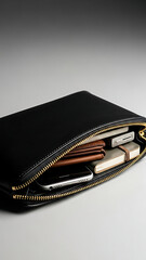A black zippered clutch bag filled with everyday essentials like a smartphone, wallet, and notebook, set against a clean background.