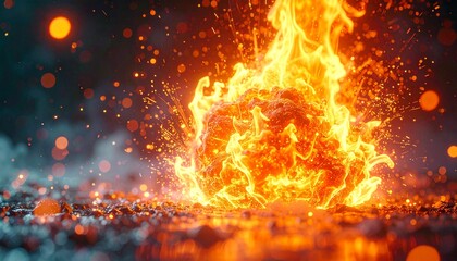 Intense bright orange fire sphere ignites with glowing embers and hot sparks exploding upwards dramatically