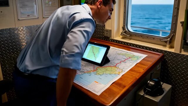 Medium shot of a navigator updating electronic nautical charts on a tablet while crossreferencing a paper map in a ships cabin.