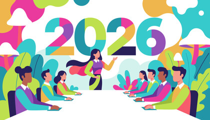 Diverse business team planning 2026 strategy Leadership presentation at a colorful corporate meeting