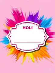 Holi sale poster template with decorative white frame and colorful powder explosion on pastel background with copy space