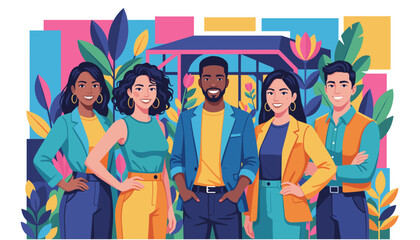 Fototapeta premium Happy diverse business team illustration Confident professionals in a colorful modern environment
