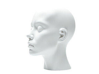 A close-up of a white mannequin head on a plain white background