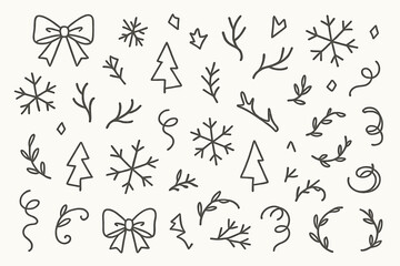 Festive doodles of Christmas elements including trees, snowflakes, and decorative bows for seasonal crafts