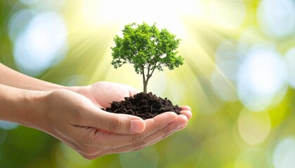 Hands gently nurturing a small green plant seedling growing in rich dark earth under brilliant sunlight.